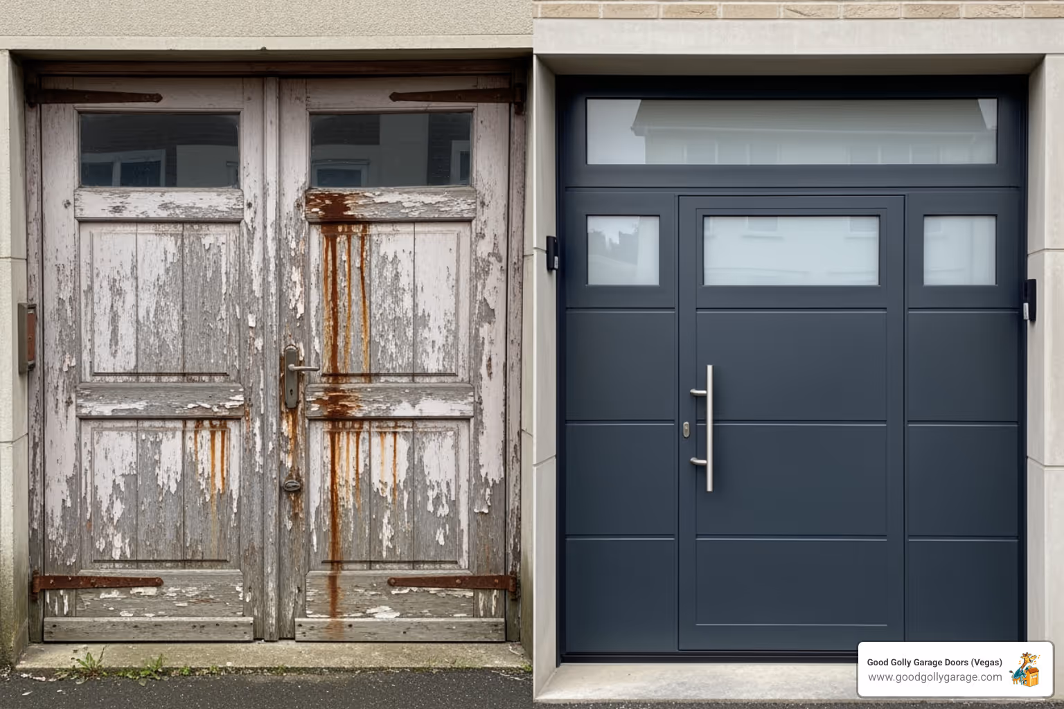A side-by-side comparison of an old, dented, and worn garage door on the left, next to a new, modern, and stylish garage door on the right. - broken garage door solutions green valley nv
