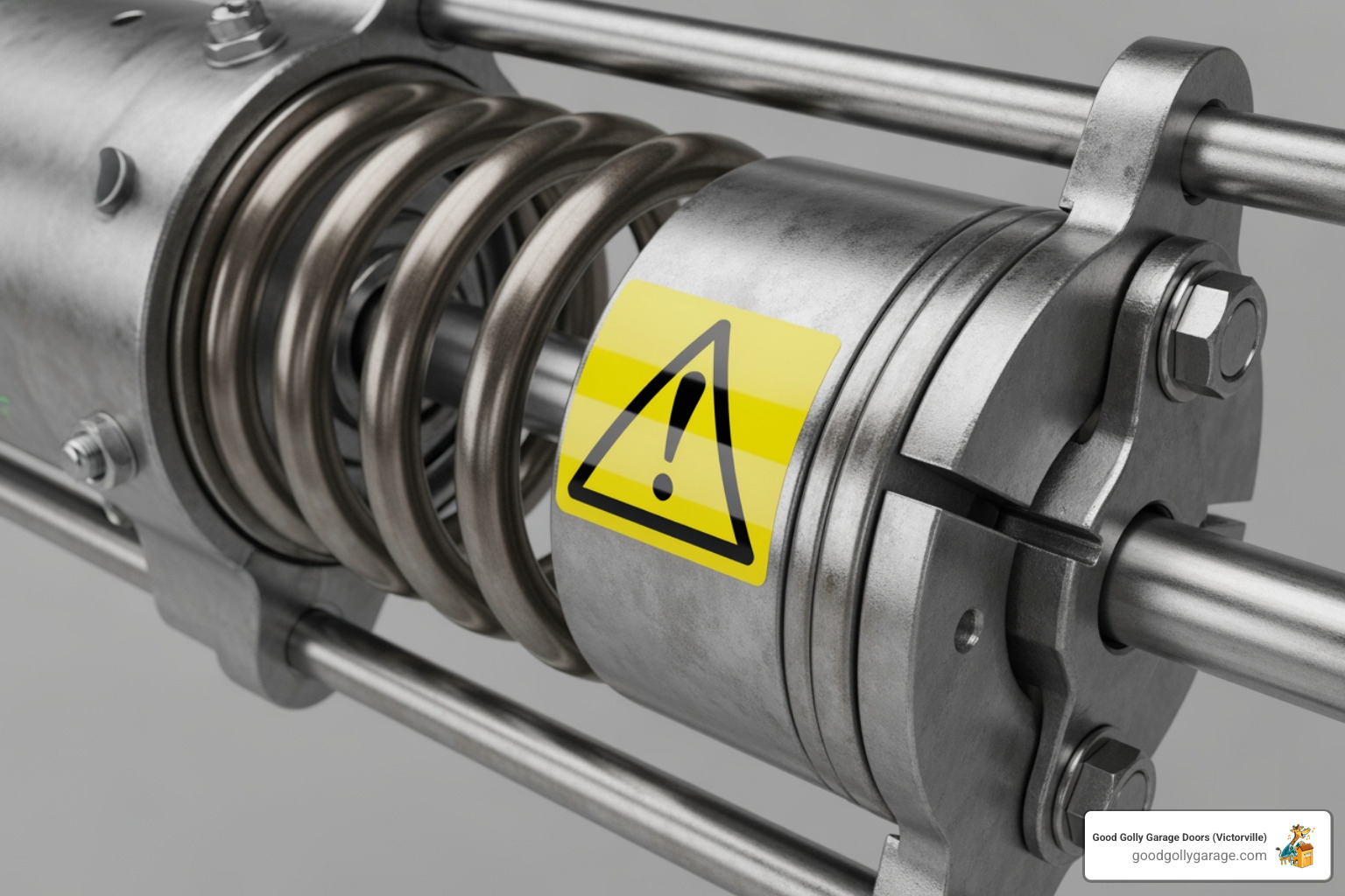 warning label on a garage door component highlighting high tension - emergency broken garage door in victorville ca