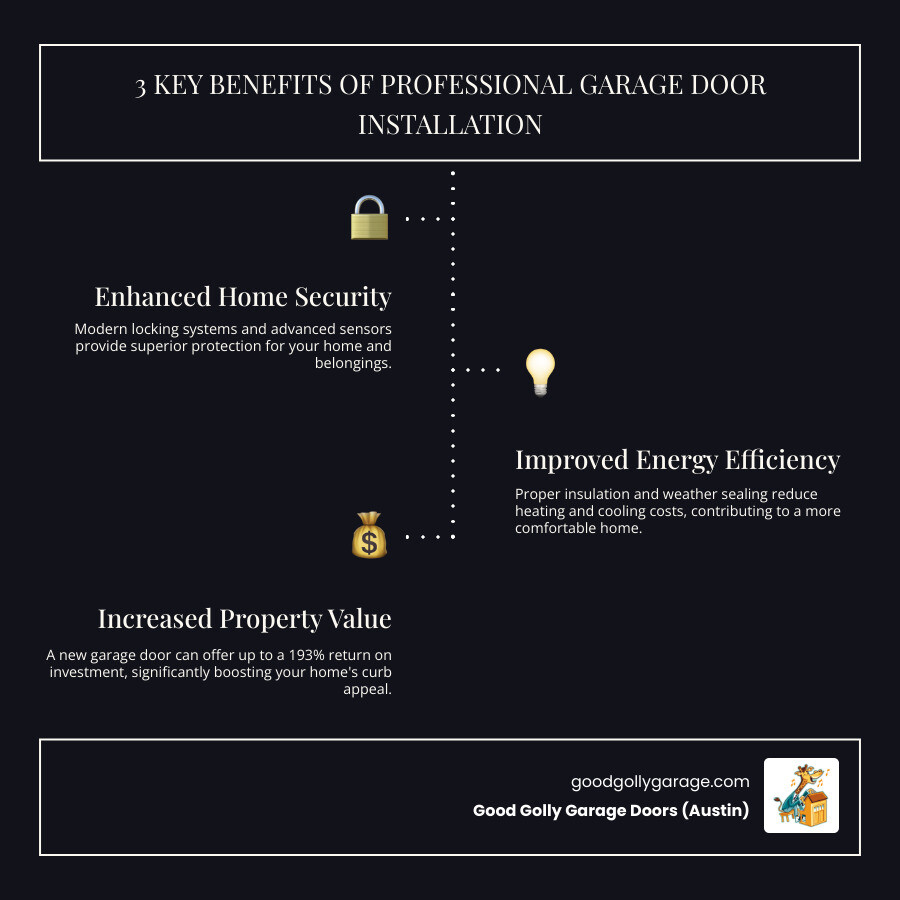 infographic showing the three main benefits of professional garage door installation: enhanced home security with modern locking systems and sensors, improved energy efficiency through proper insulation and weather sealing reducing heating and cooling costs, and increased property value with up to 193 percent return on investment for curb appeal upgrades - best garage door installation in georgetown tx infographic infographic-line-3-steps-dark