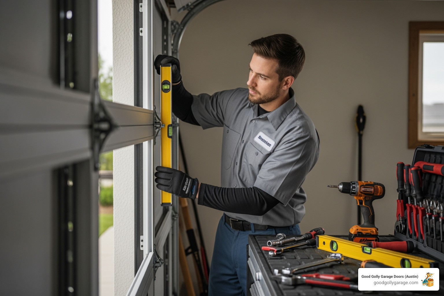 a professional garage door technician carefully installing a new garage door panel, ensuring proper alignment and safety, with tools neatly organized nearby - best garage door installation in georgetown tx