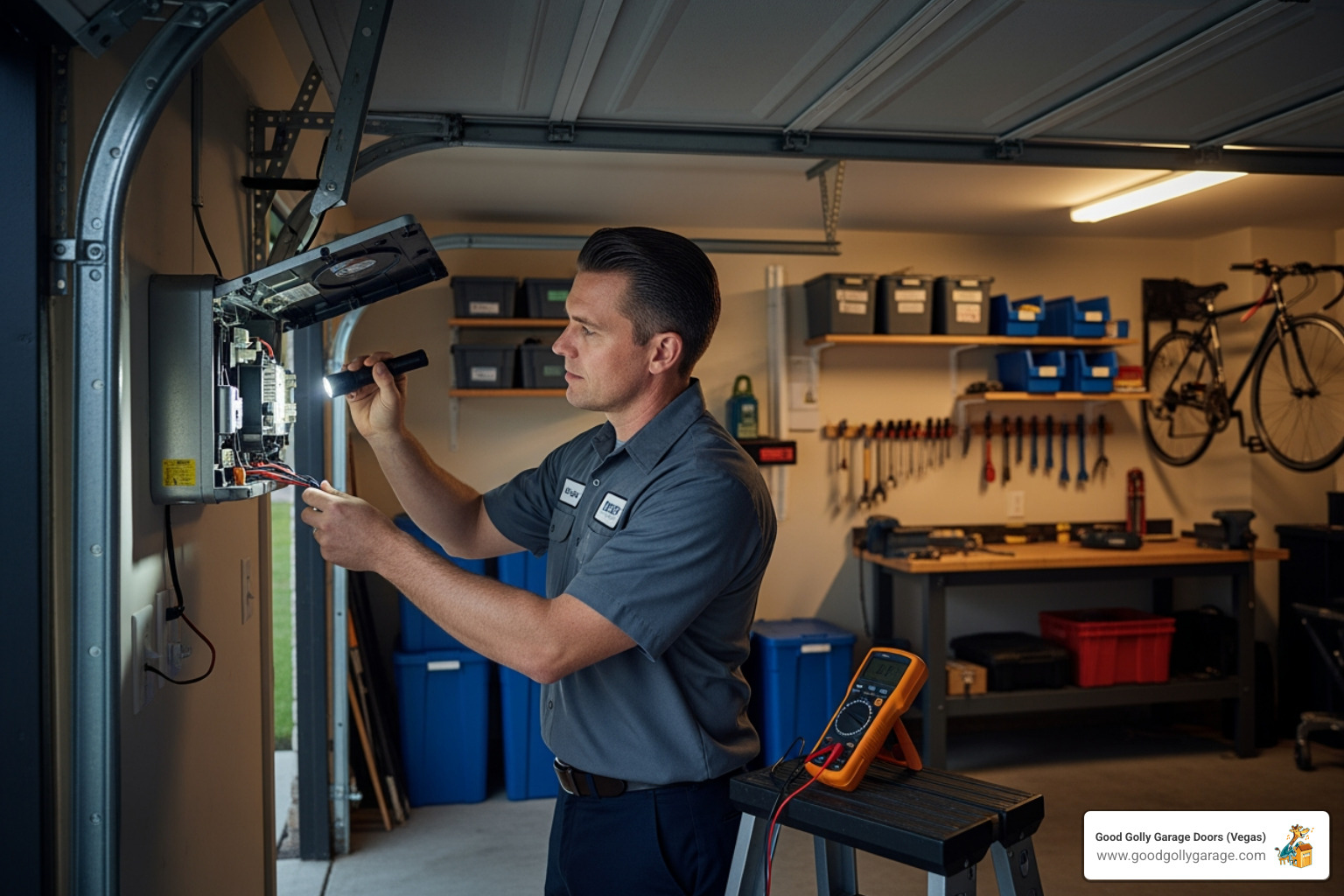 Technician inspecting a garage door opener - garage door repair las vegas nv