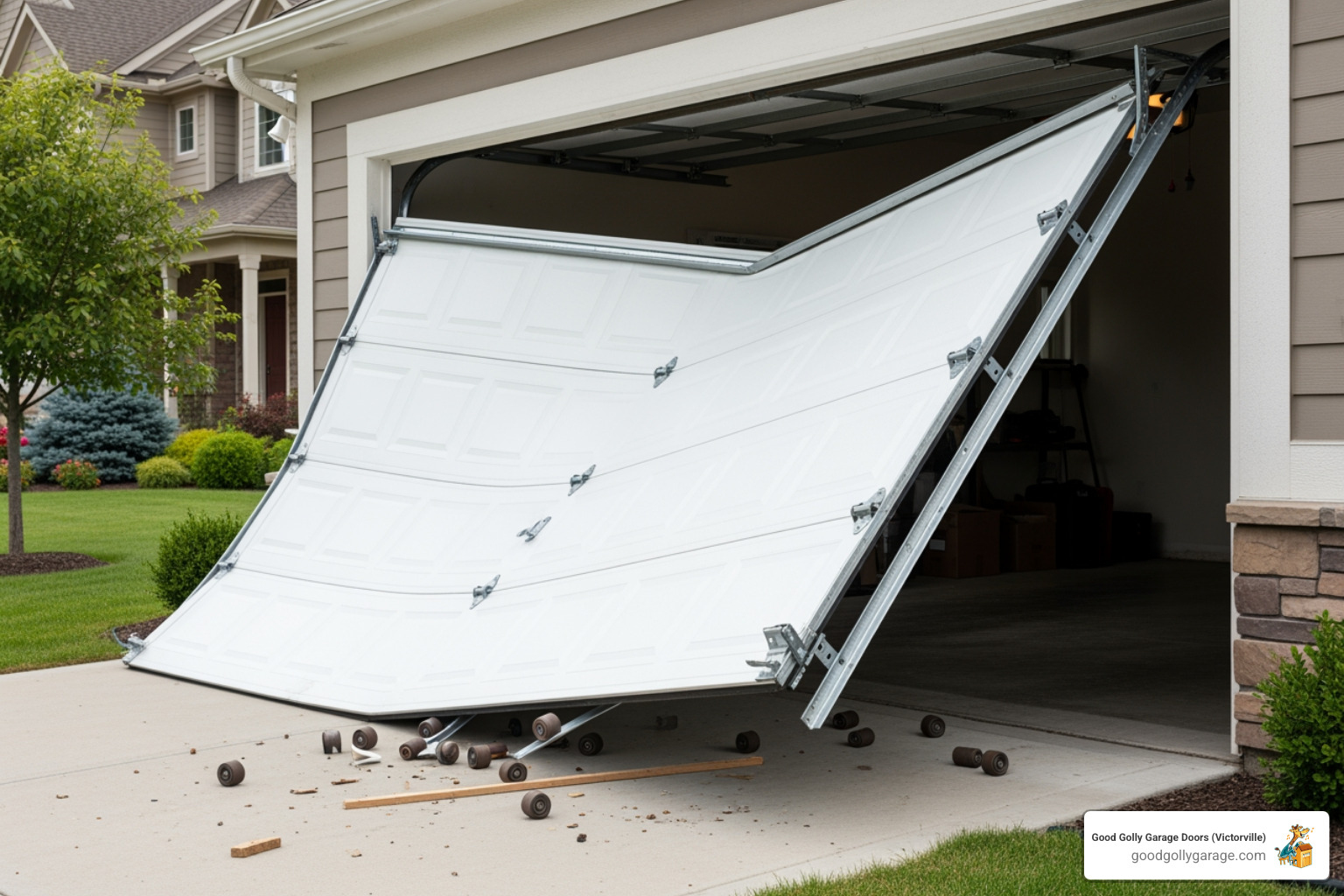 a garage door that has fallen completely off its tracks - Why Is My Broken Garage Door In Hesperia CA