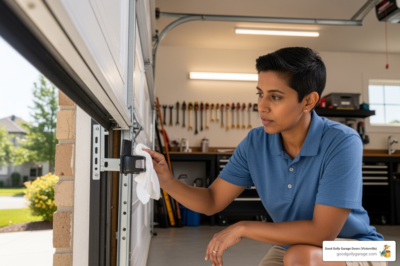 homeowner safely wiping a garage door safety sensor with a cloth - Why Is My Broken Garage Door In Hesperia CA