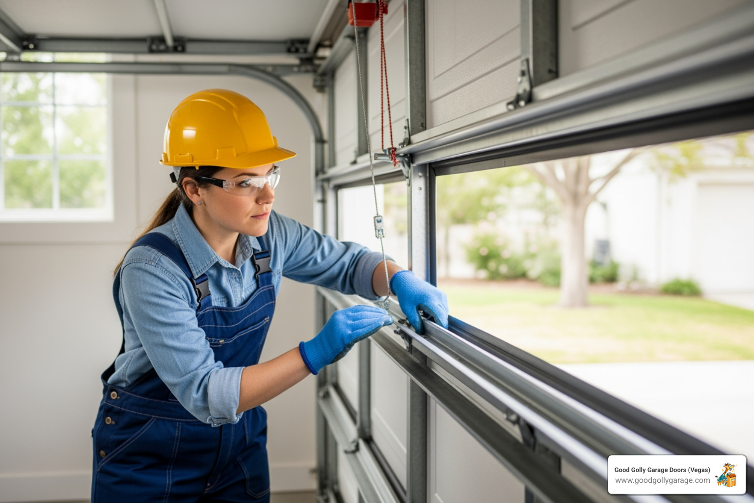 homeowner inspecting garage door tracks - garage door maintenance henderson nv
