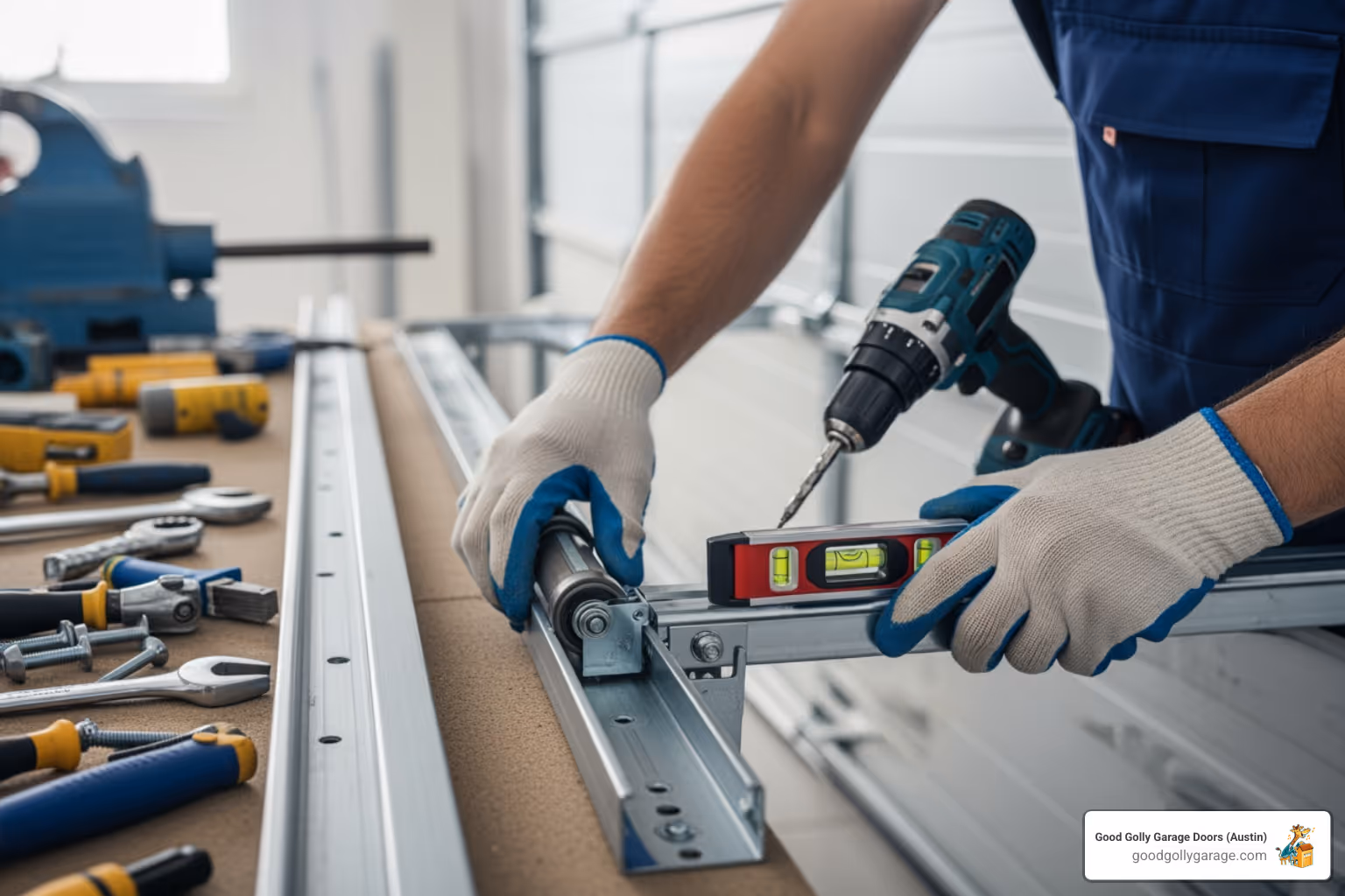Image of a certified technician carefully installing a new garage door system - garage door installation in lakeway tx