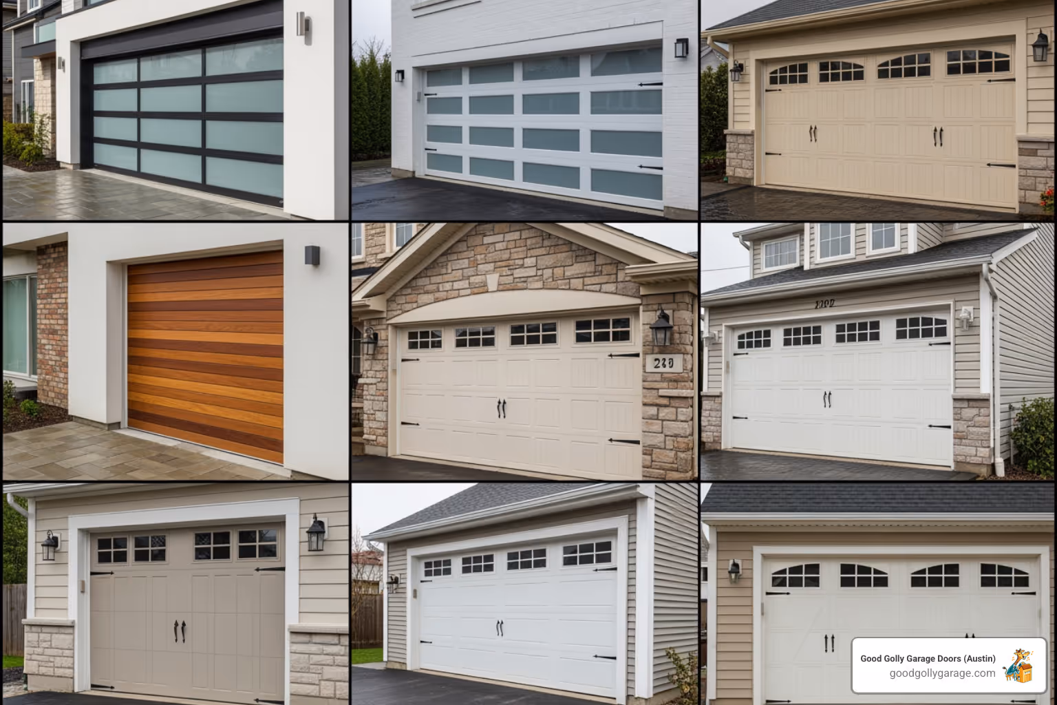 Image of a gallery showcasing various garage door styles - garage door installation in lakeway tx