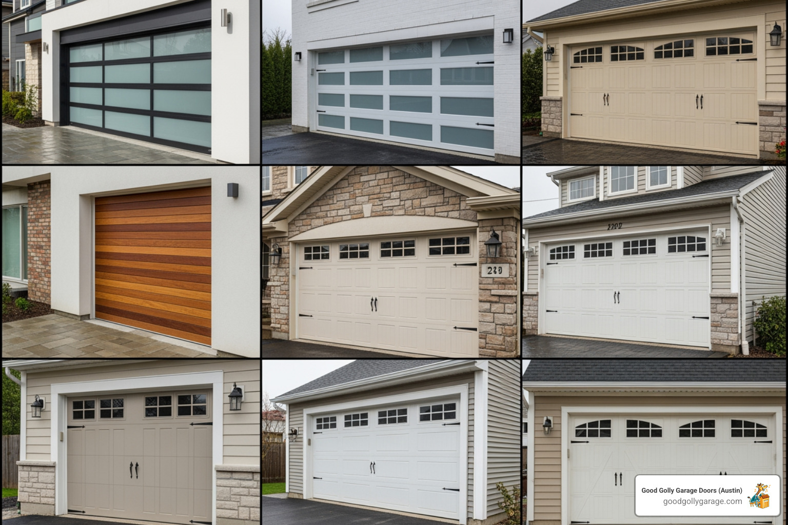 Image of a gallery showcasing various garage door styles - garage door installation in lakeway tx