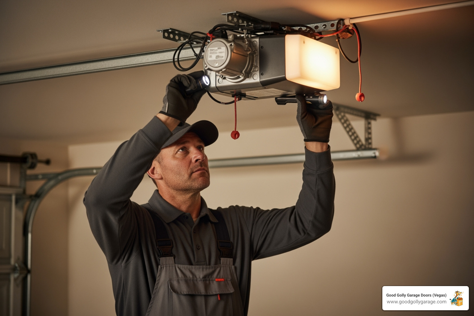 technician inspecting a garage door opener motor in a hot garage - broken garage door summerlin nv