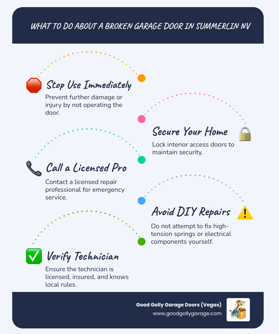 Infographic showing the main components of a garage door system including torsion springs at the top, cable drums on both sides, vertical tracks, horizontal tracks along the ceiling, rollers within the tracks, bottom weather seal, garage door opener motor mounted on the ceiling with a drive mechanism, safety sensors at the base on both sides, and door panels stacked vertically - broken garage door summerlin nv infographic infographic-line-5-steps-blues-accent_colors
