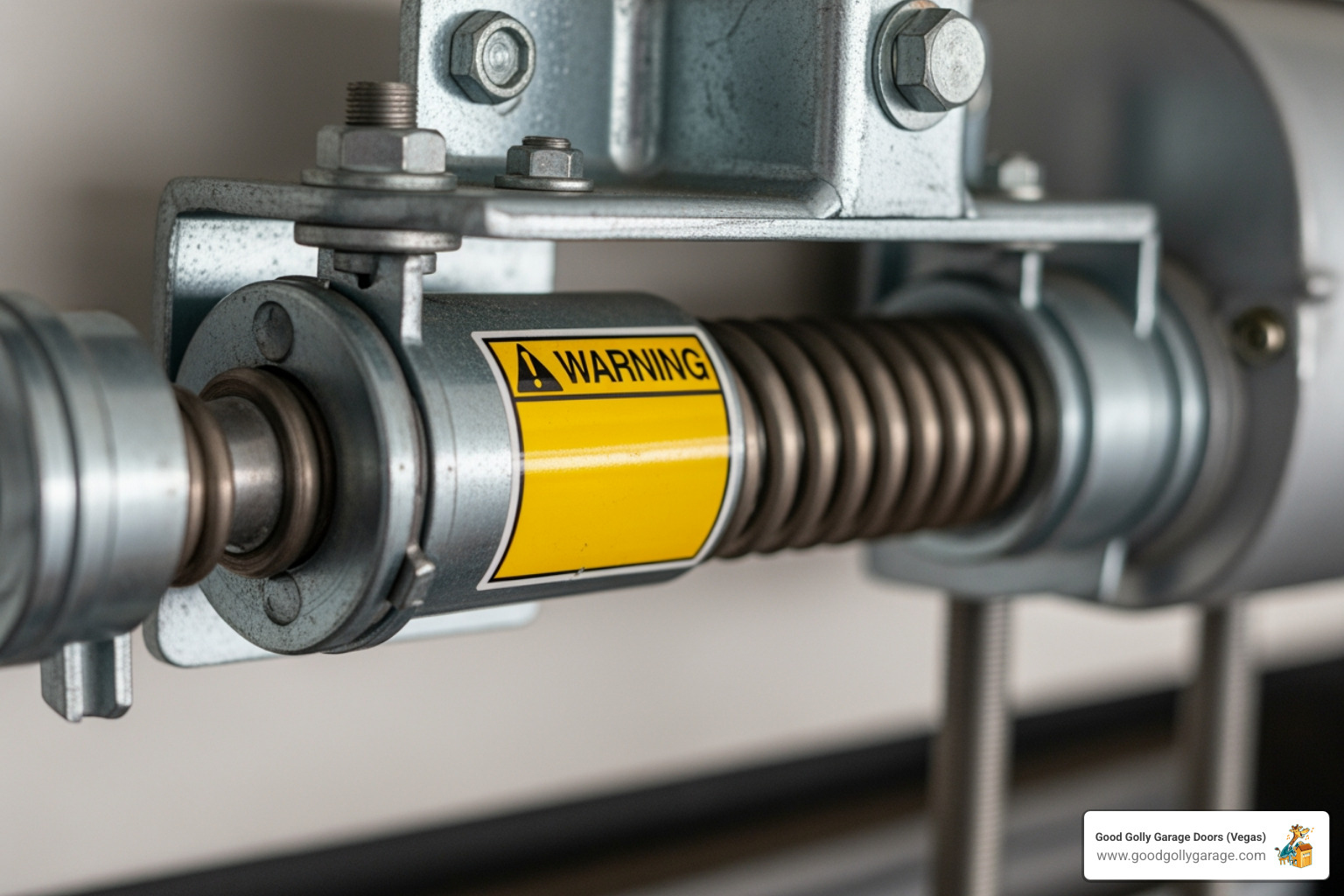 warning sticker on a garage door torsion spring system - broken garage door summerlin nv