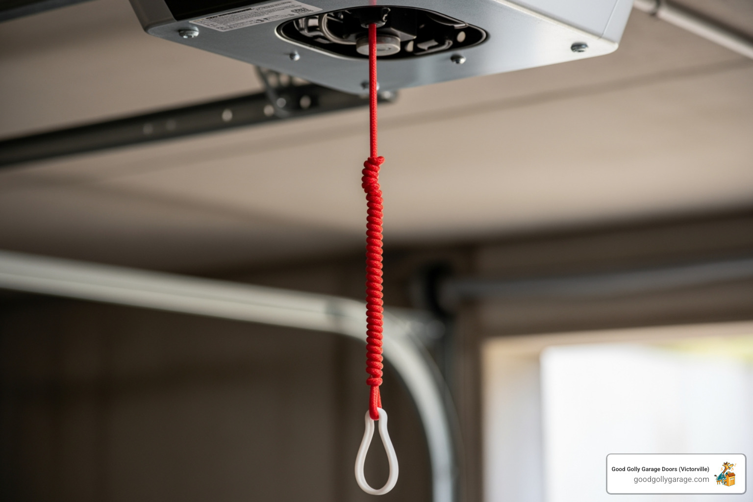 A red emergency release cord on a garage door opener - emergency broken garage door in helendale ca