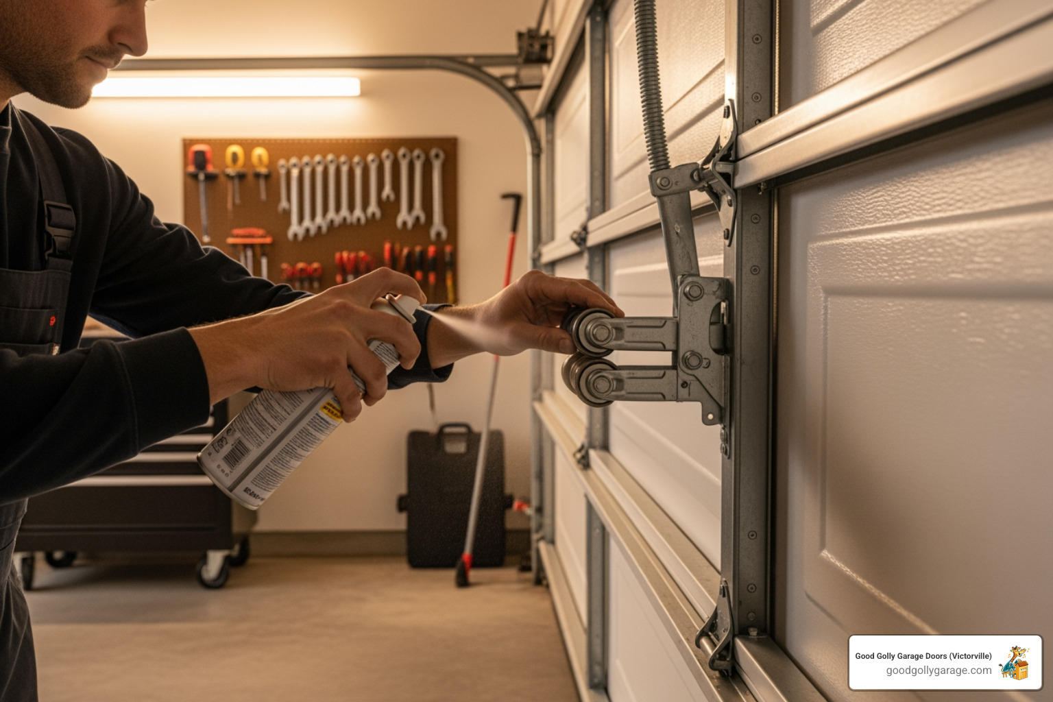 A homeowner lubricating garage door rollers with a spray can - emergency broken garage door in helendale ca