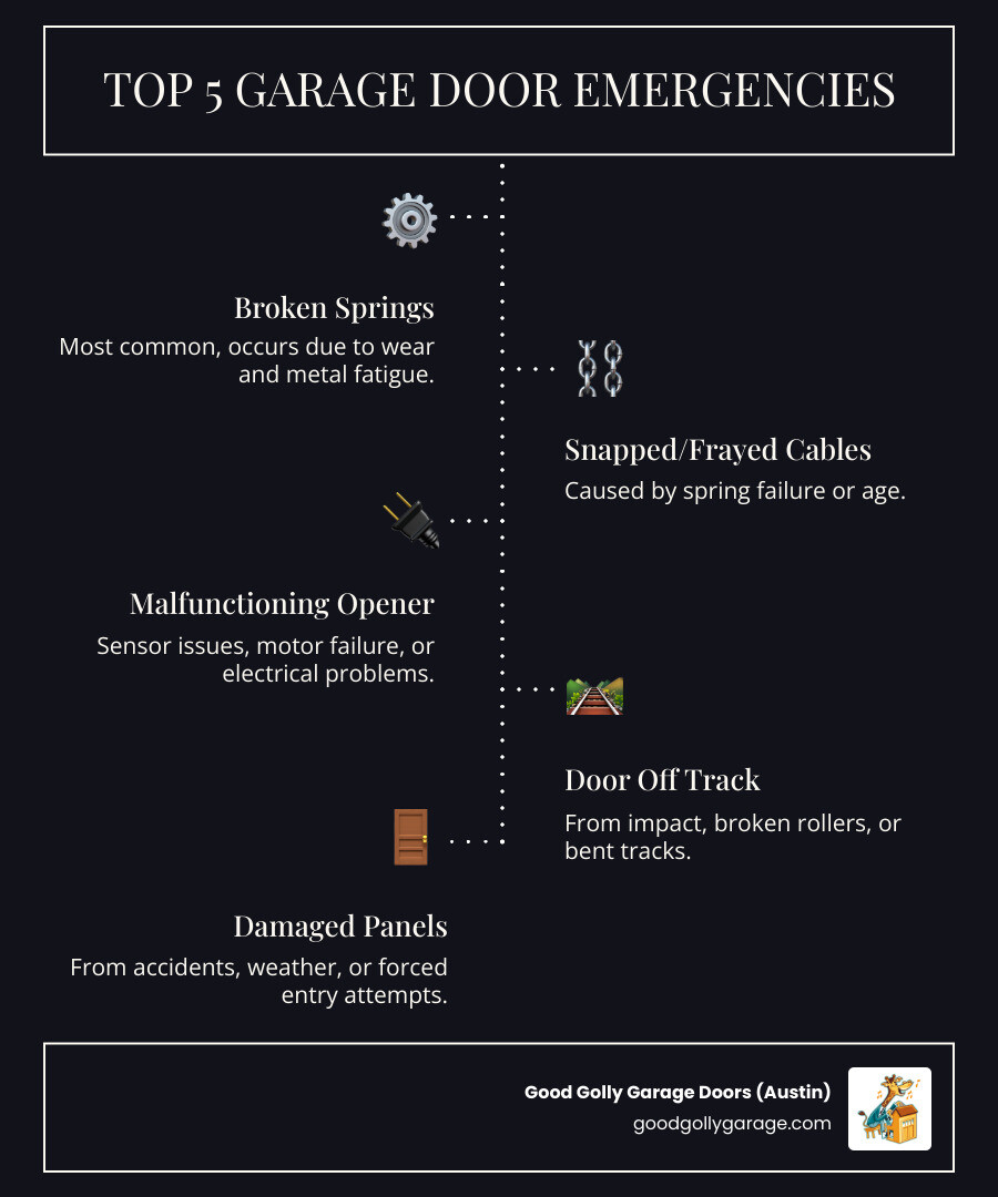 Infographic showing the top 5 most common garage door emergencies: 1) Broken torsion or extension springs (most common, occurs due to wear and metal fatigue), 2) Snapped or frayed cables (caused by spring failure or age), 3) Malfunctioning garage door opener (sensor issues, motor failure, or electrical problems), 4) Door off track (from impact, broken rollers, or bent tracks), 5) Damaged panels (from accidents, weather, or forced entry attempts). Each includes a simple icon and brief explanation of typical causes. - broken garage door same day repair in pflugerville tx infographic infographic-line-5-steps-dark