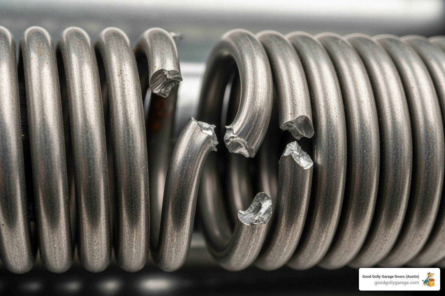image of a close-up on a broken garage door spring - broken garage door same day repair in pflugerville tx
