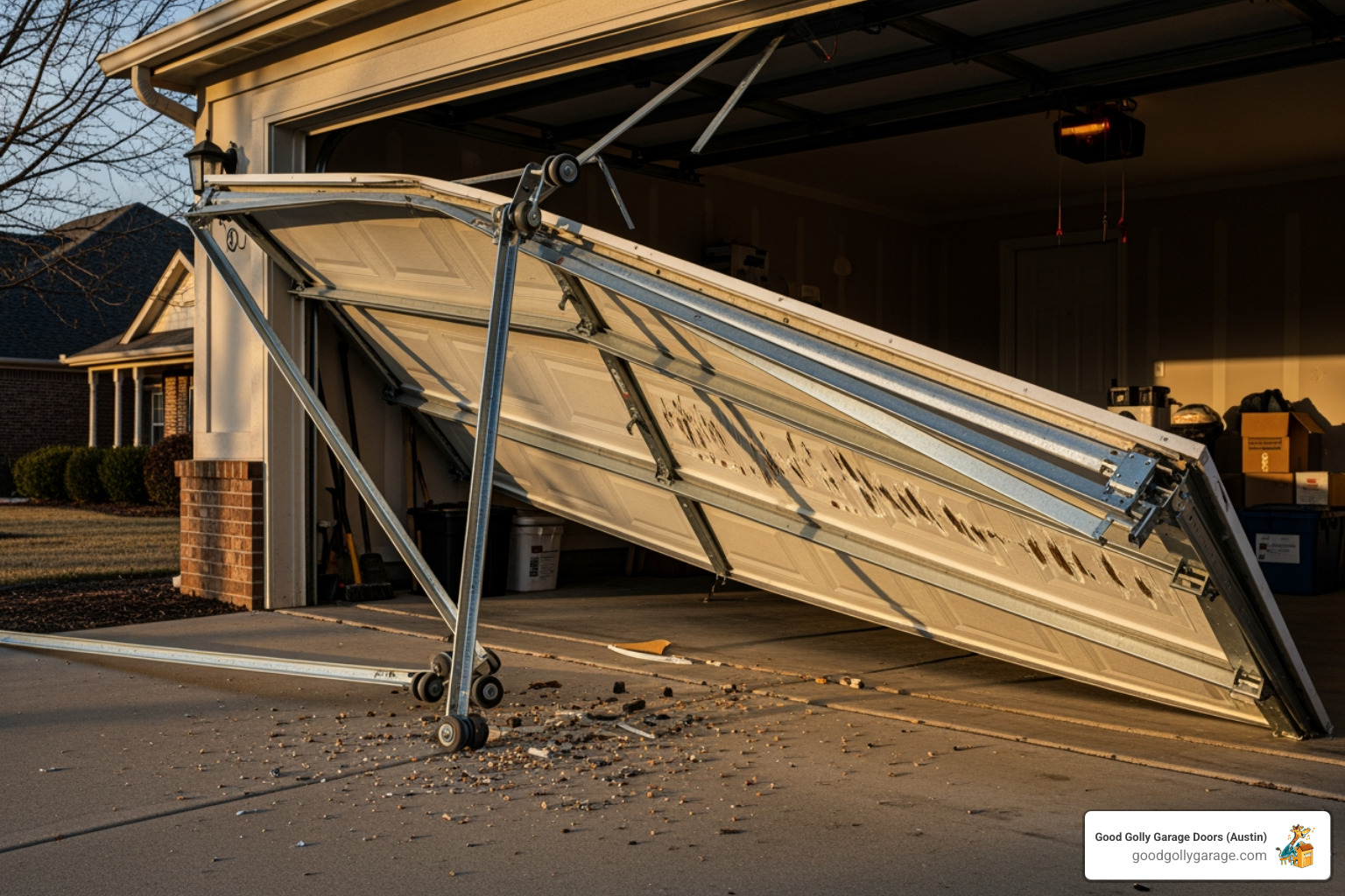 image of a garage door that has fallen off its tracks - broken garage door same day repair in pflugerville tx