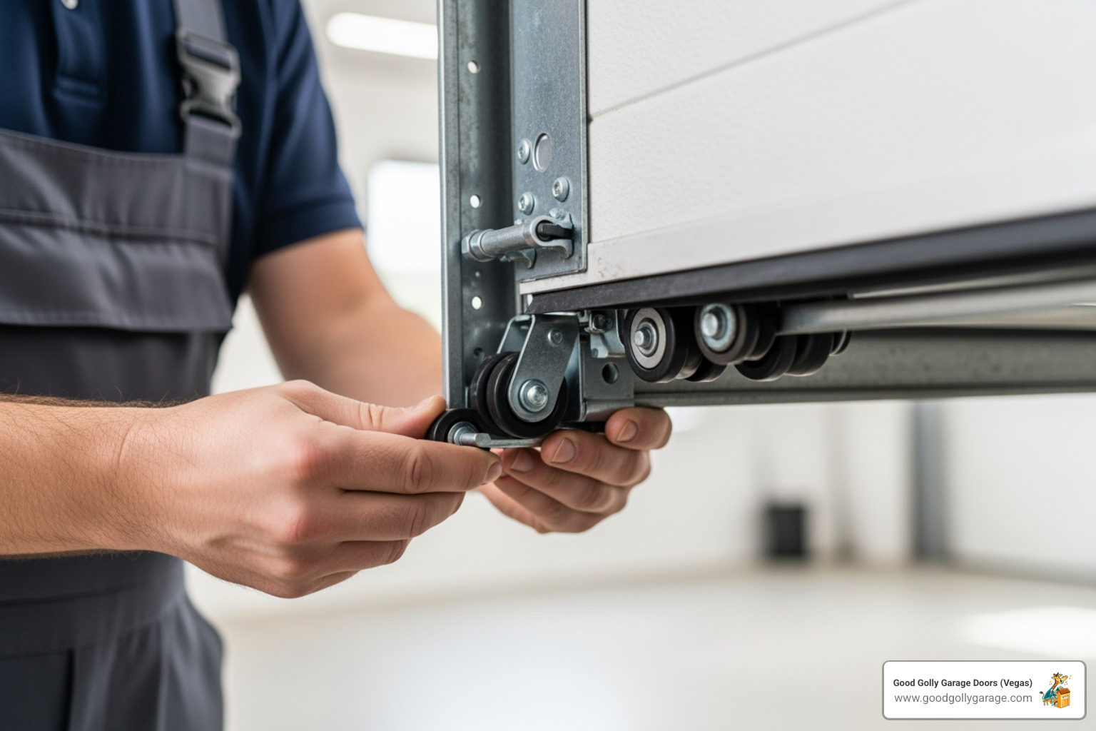 Technician carefully realigning a garage door roller into the track - garage door off track repair las vegas nv