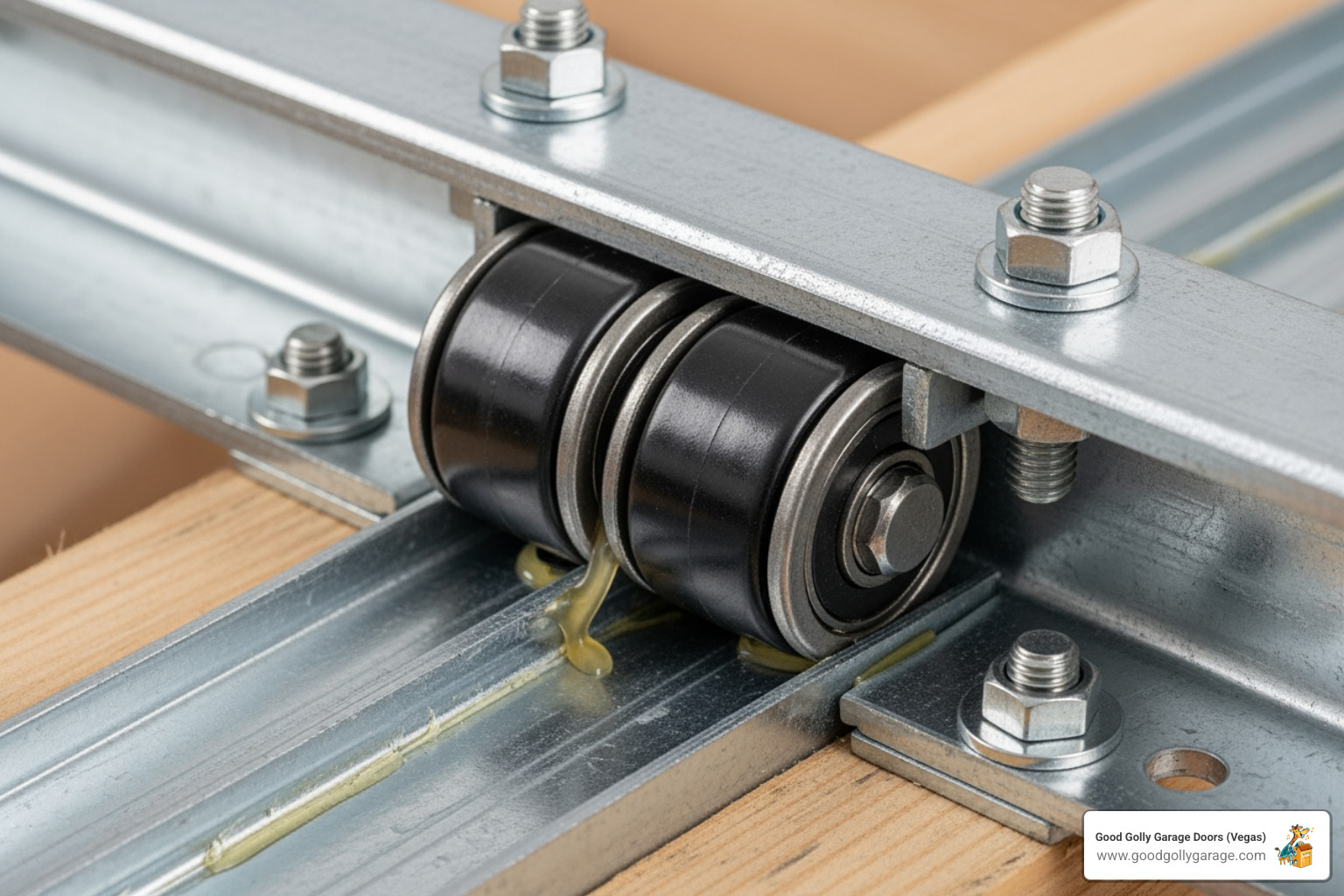 A clean and properly aligned garage door track with lubricated rollers, showing attention to detail. - garage door off track repair las vegas nv