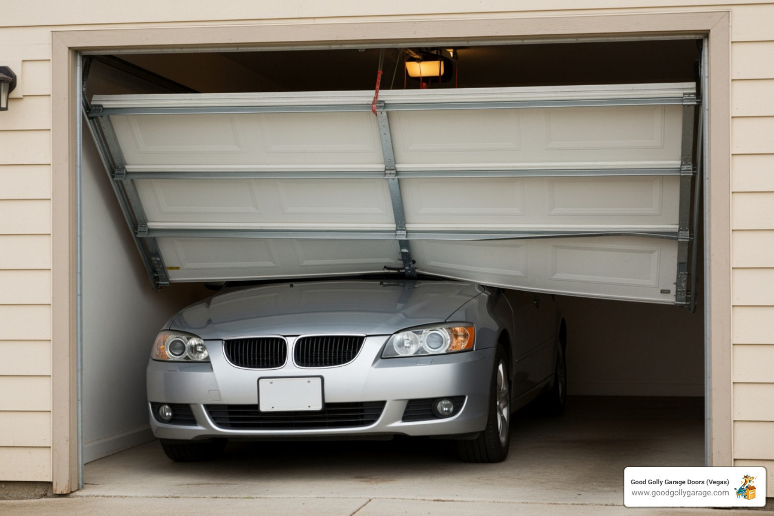 Illustration of a garage door falling down on a car in a garage - garage door off track repair las vegas nv