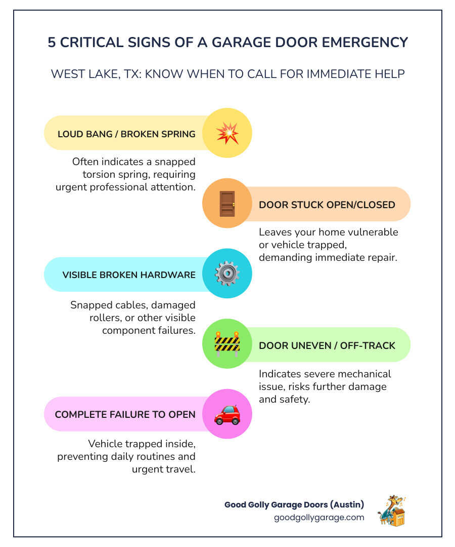Infographic showing the 5 critical signs of a garage door emergency: 1) Loud bang indicating broken spring, 2) Door stuck open or closed, 3) Visible broken cables or hardware, 4) Door hanging unevenly or off-track, 5) Complete failure to open with vehicle trapped inside. Includes safety warning symbols and "Call Professional Help Immediately" banner - emergency broken garage door in west lake tx infographic infographic-line-5-steps-colors