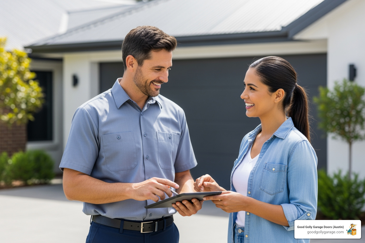 friendly technician discussing options with a homeowner - Best Garage Door Installation in Bee Cave, TX