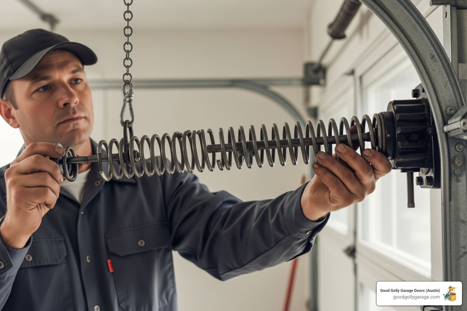 technician safely handling a high-tension torsion spring - Best Garage Door Installation in Bee Cave, TX