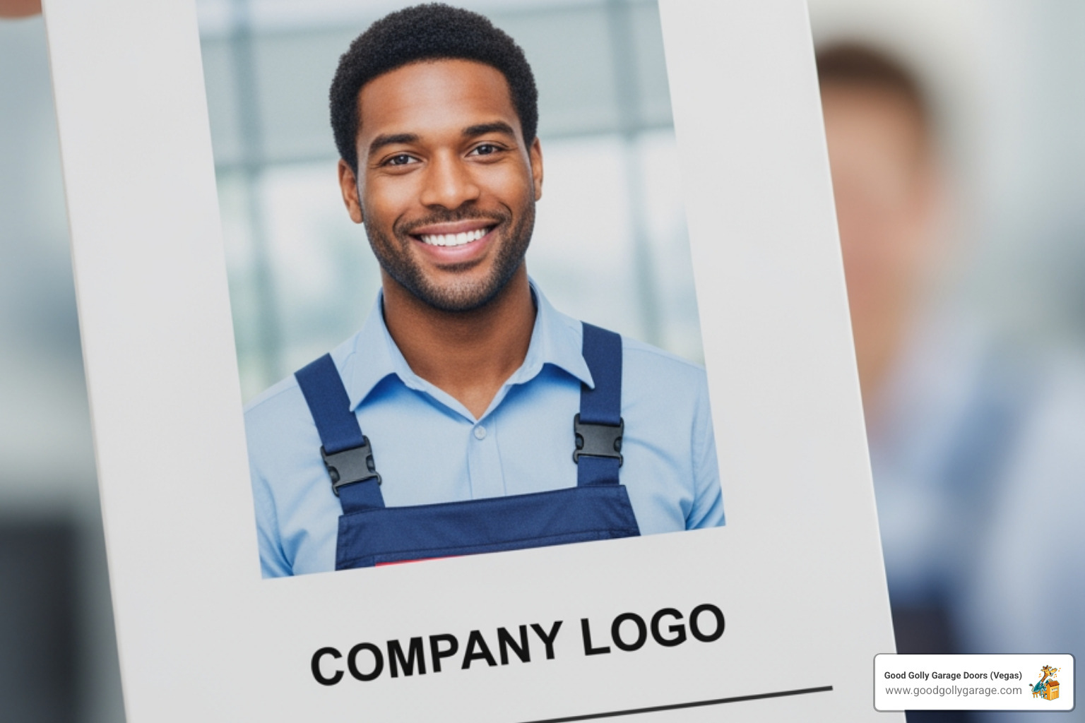 A licensed technician's ID badge with a professional photo and the company logo, indicating their certification and trustworthiness. - best garage door repair henderson nv