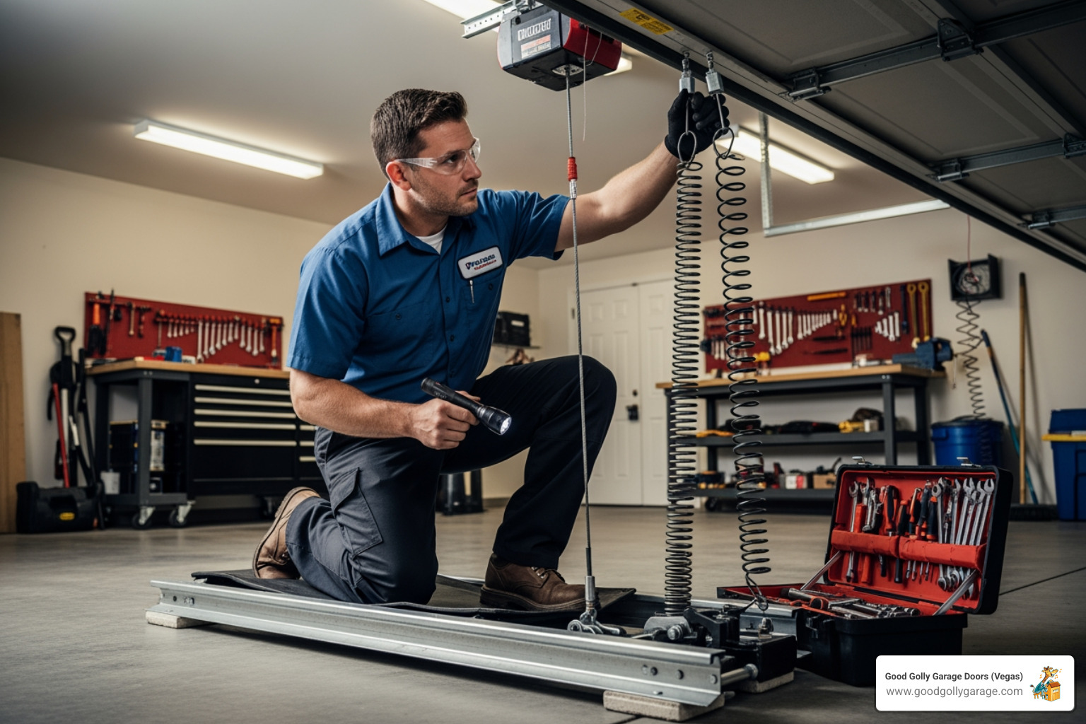 Technician inspecting garage door components - garage door installation las vegas nv