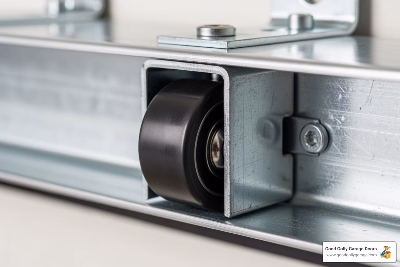 close-up on garage door rollers moving within a clean track - noisy garage door spring valley lake ca