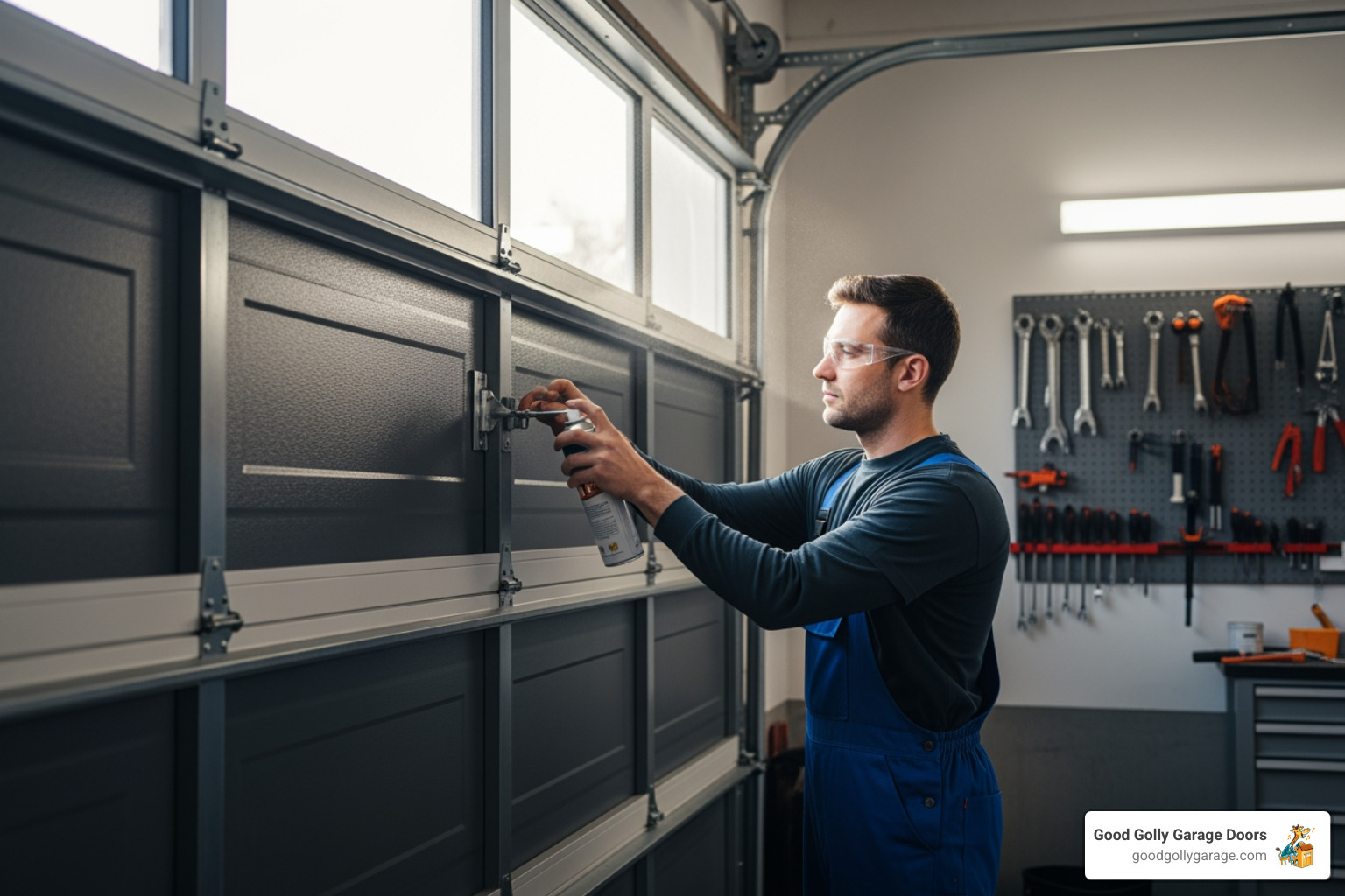 technician lubricating garage door hinges - garage door repairs