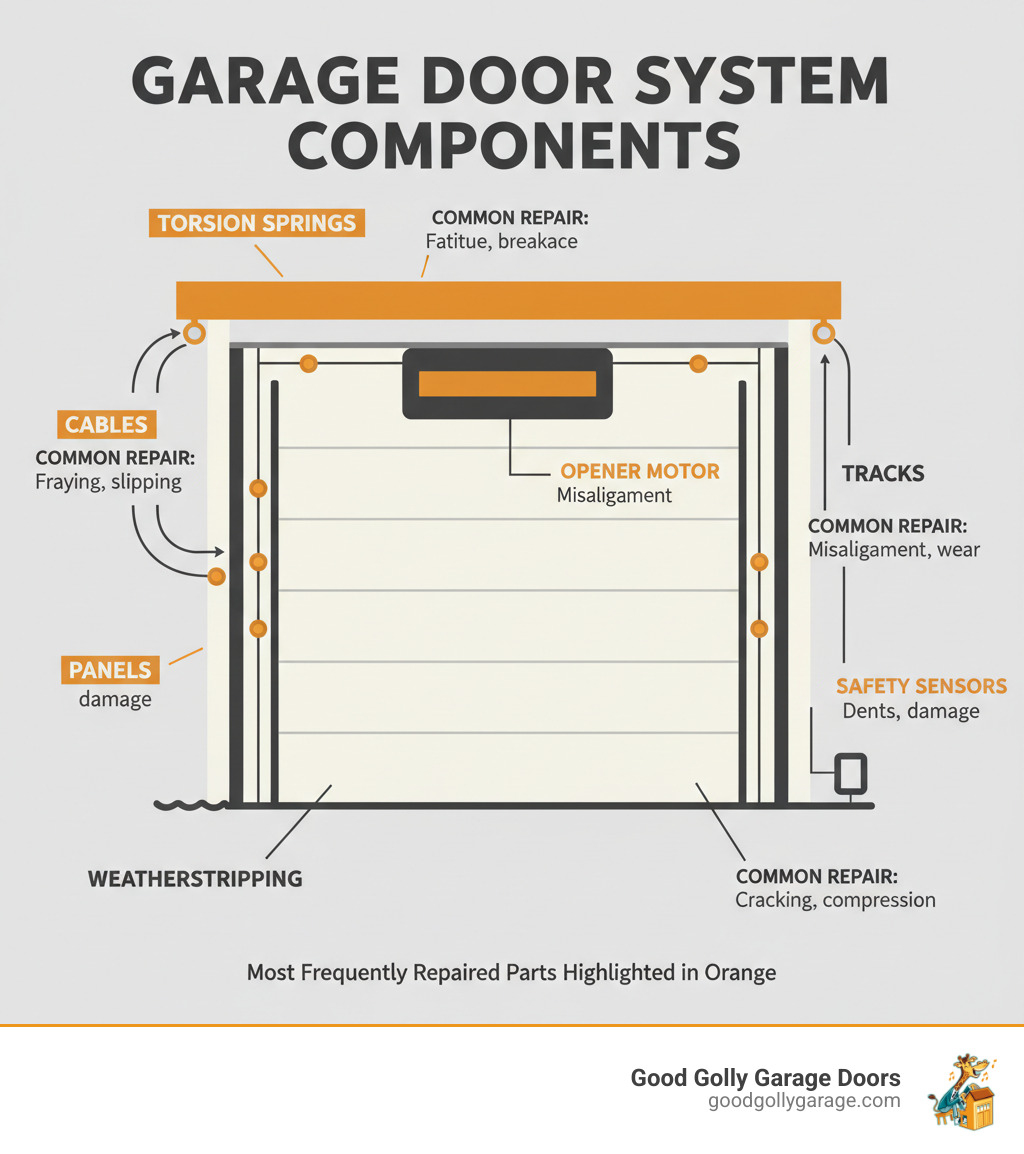 infographic showing the main components of a garage door system including torsion springs, cables, tracks, rollers, panels, opener motor, safety sensors, and weatherstripping, with labels indicating which parts most commonly need repair - garage door repairs infographic 