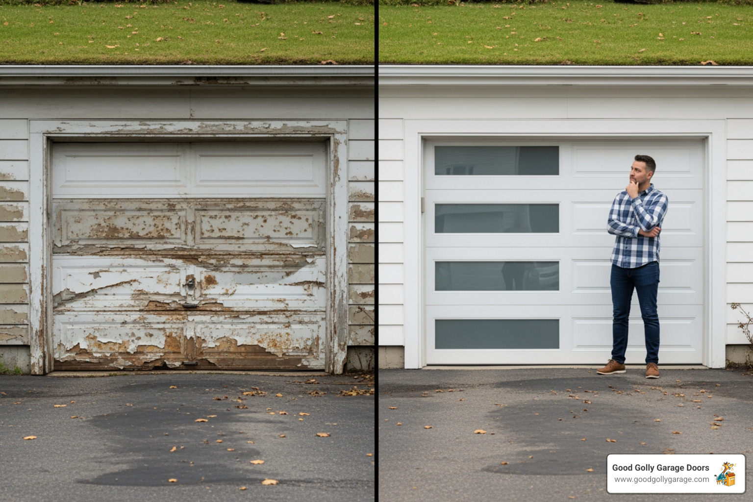 A homeowner comparing an old, damaged garage door with a new, stylish one - professional garage door repair in north las vegas nv