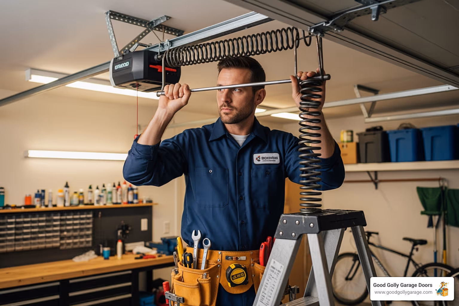 A uniformed technician safely repairing a garage door spring - professional garage door repair in north las vegas nv