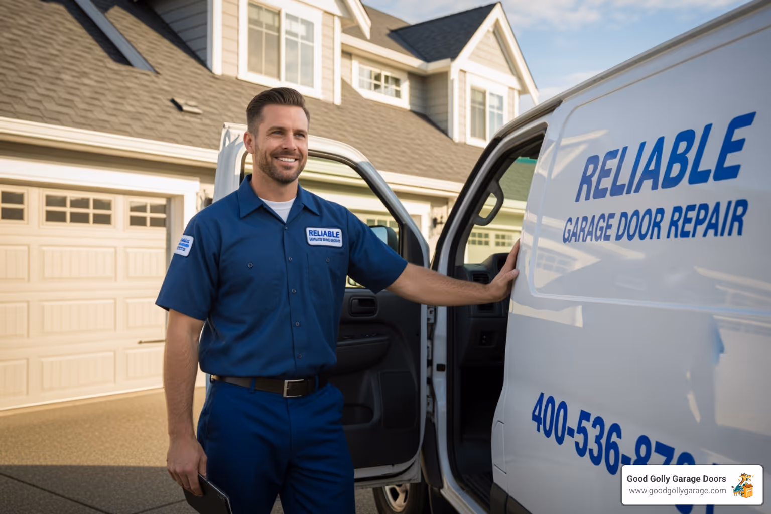 friendly technician arriving in service van - My garage door spring is broken, find a garage door repairman near me in Las Vegas