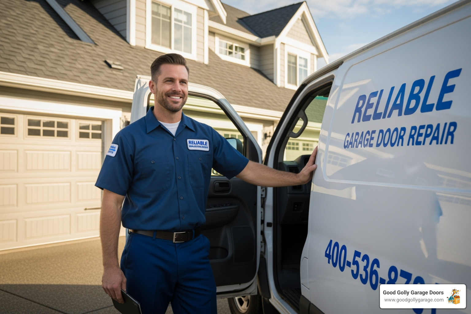 friendly technician arriving in service van - My garage door spring is broken, find a garage door repairman near me in Las Vegas