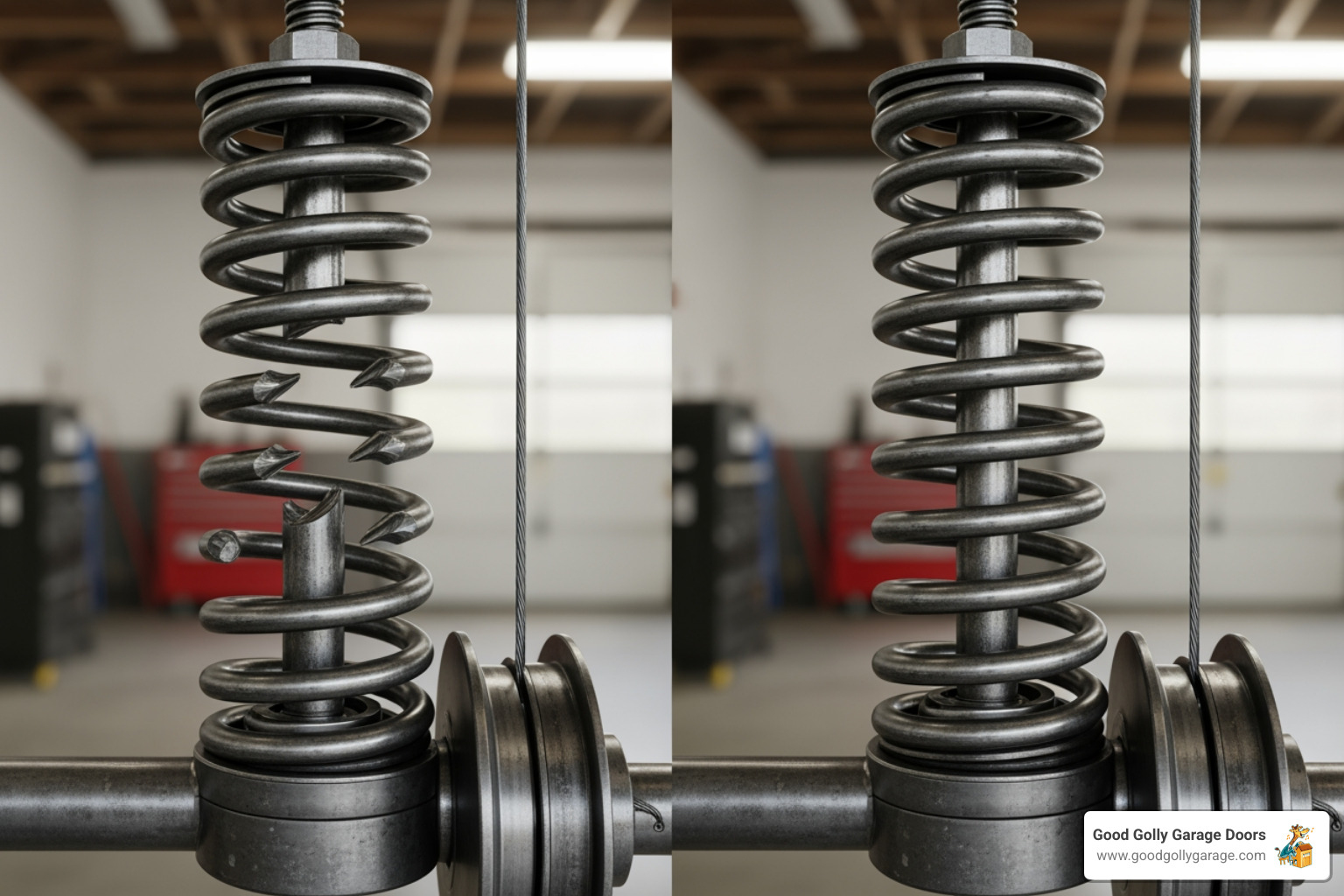 comparing a broken torsion spring with a visible gap to an intact one - My garage door spring is broken, find a garage door repairman near me in Las Vegas
