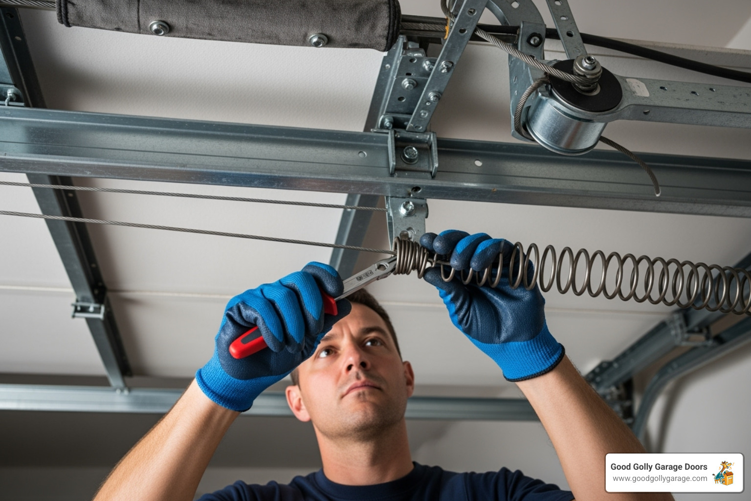 technician repairing a garage door spring - custom garage door repair installation in kyle tx