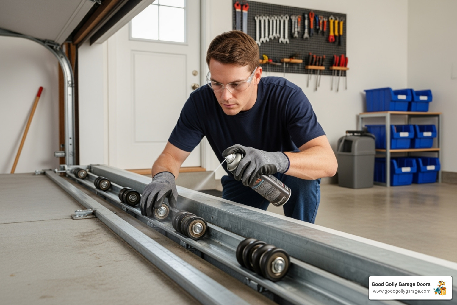 A skilled technician carefully lubricating the rollers on a residential garage door track, ensuring smooth and quiet operation. - garage door repair in austin tx