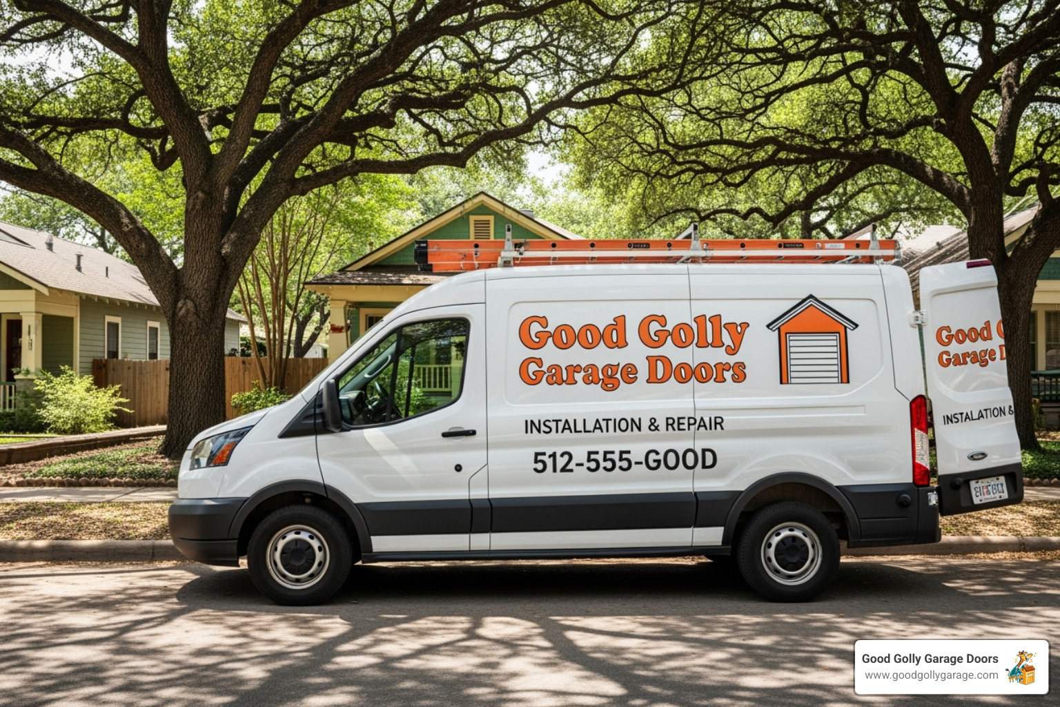 A Good Golly Garage Doors service vehicle, clearly branded, is parked in a sunny Austin neighborhood, ready for service. - garage door repair in austin tx