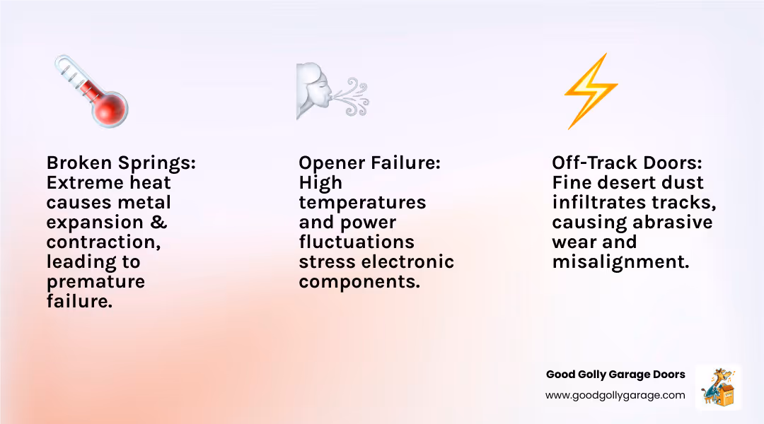 Infographic showing the top 3 reasons for garage door emergencies in Las Vegas: Broken Springs due to extreme temperature swings, Off-Track Doors from metal expansion and dust buildup, and Opener Failure from power surges and heat, with desert sun and dust cloud icons - Find companies in Las Vegas for emergency repair of garage doors. infographic 3_facts_emoji_light-gradient