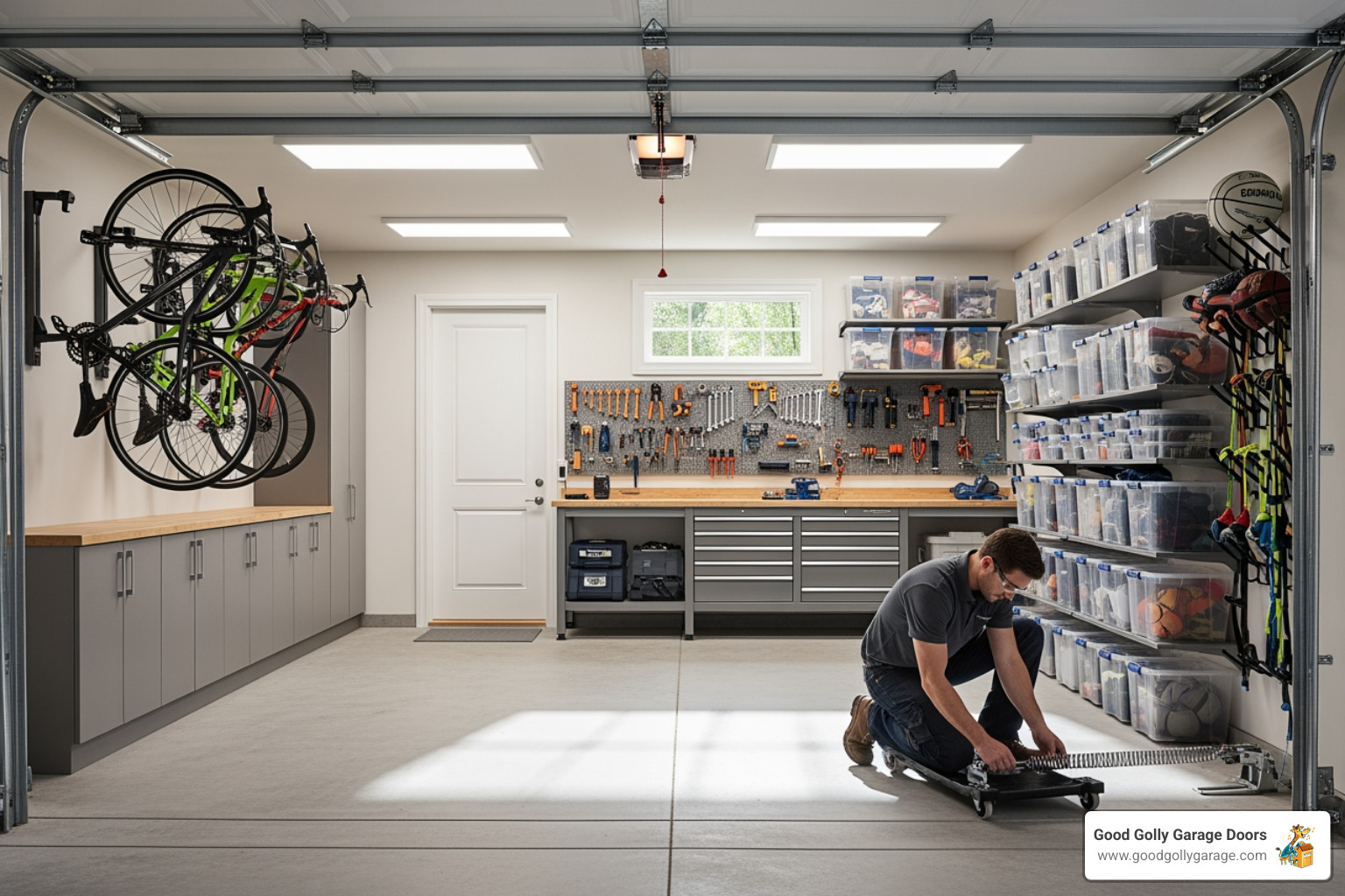 A clean and clear garage space, with the car moved out and any obstacles like bikes or storage boxes neatly arranged against the walls, ready for a garage door technician to work safely and efficiently. - Find companies in Las Vegas for emergency repair of garage doors.