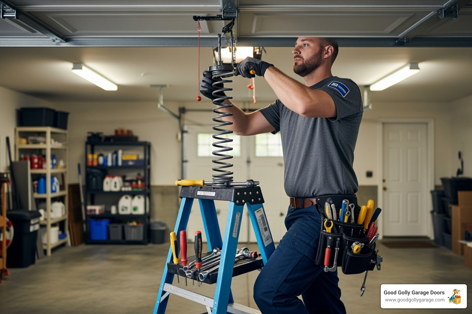 technician performing a garage door spring repair - certified garage door repair technician in kyle tx