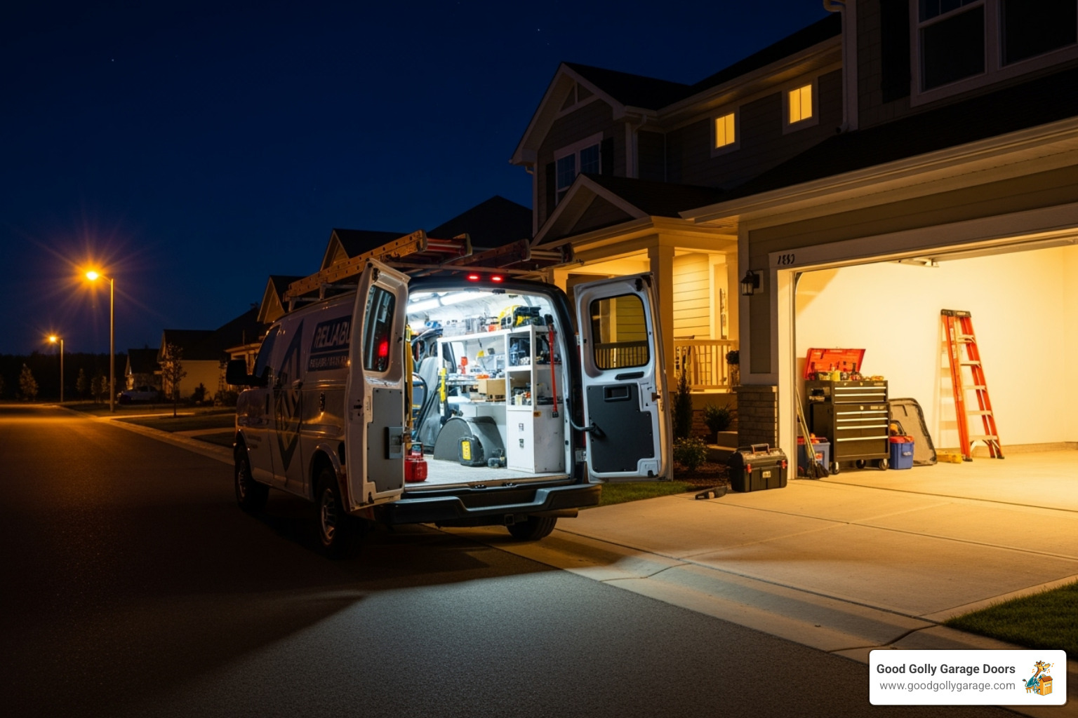 service van at night in front of a house with garage door open - professional garage door repair in austin tx