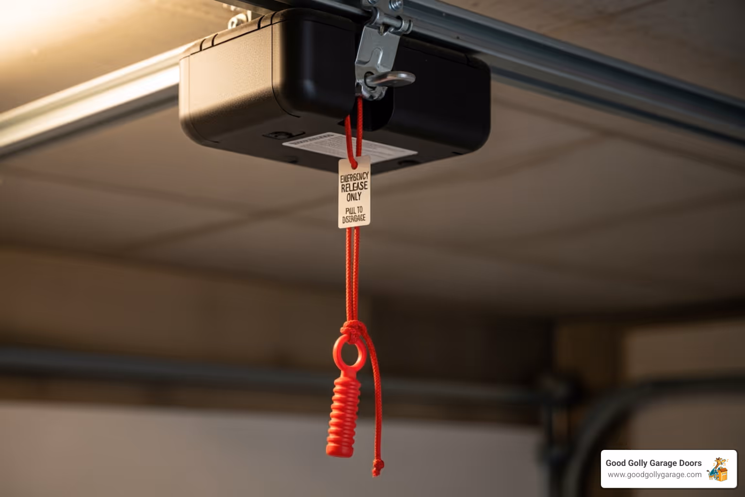 A close-up image of a red emergency release cord hanging from a garage door opener rail, ready to be pulled - 24 hour garage door repair in las vegas nv