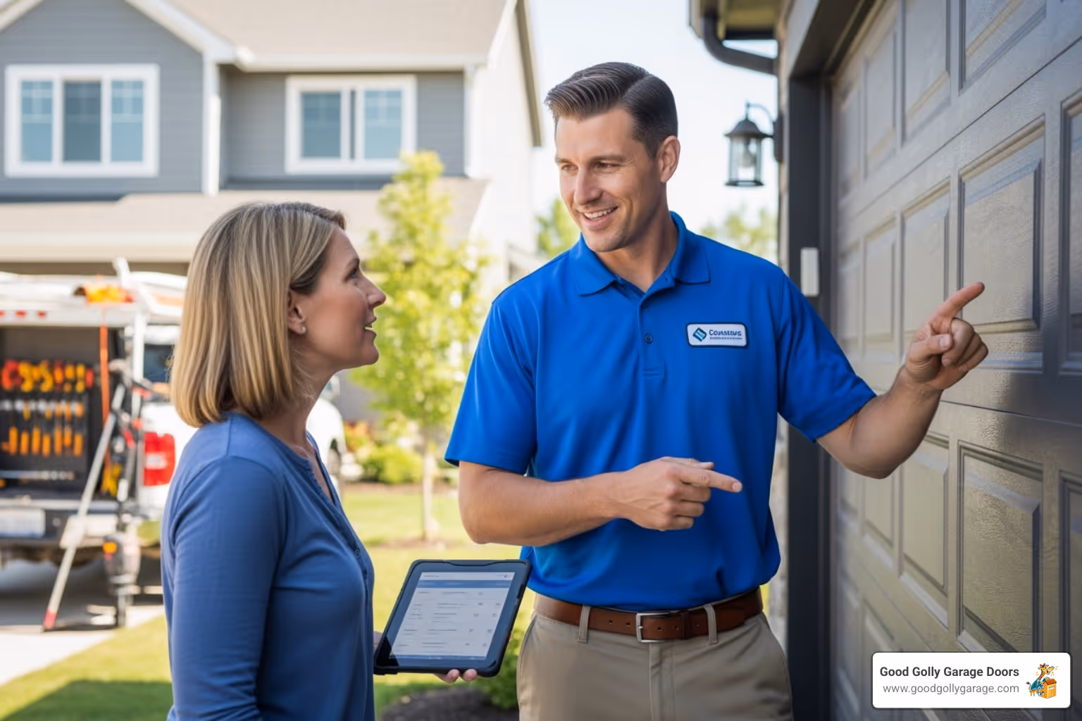 A friendly technician in a uniform speaks with a homeowner, pointing towards the garage door while holding a tablet, indicating clear communication and on-site assessment - 24 hour garage door repair in las vegas nv