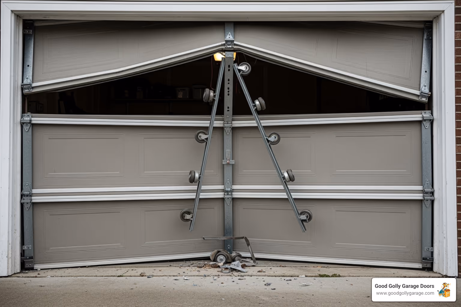 A garage door that has come off its tracks, with rollers visibly detached and the door panel askew - 24 hour garage door repair in las vegas nv
