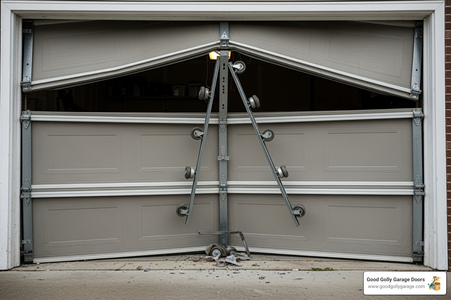 A garage door that has come off its tracks, with rollers visibly detached and the door panel askew - 24 hour garage door repair in las vegas nv