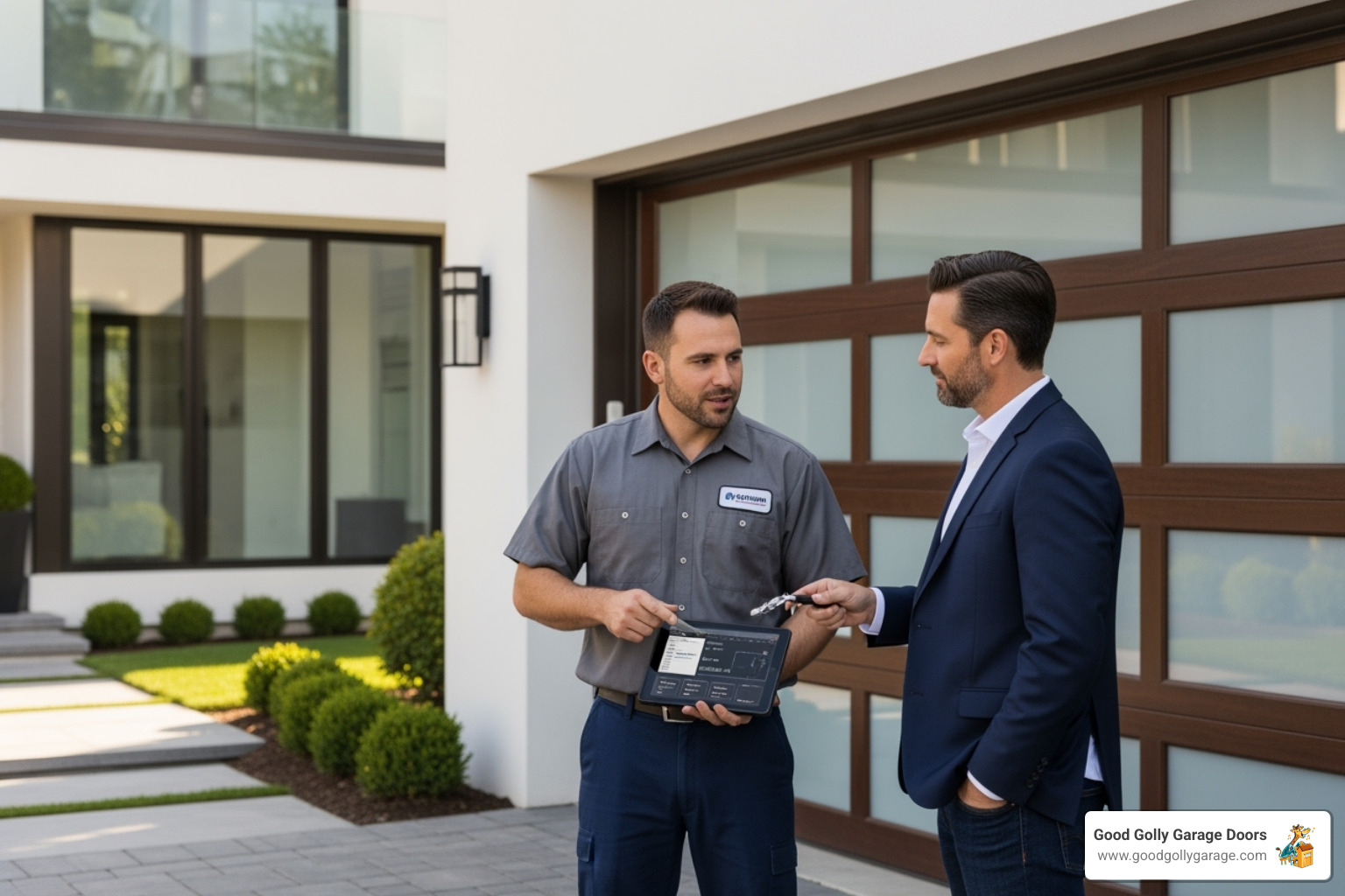 Professional, uniformed technician discussing a repair with a homeowner in front of a luxury garage - garage door repair for luxury homes in las vegas nv