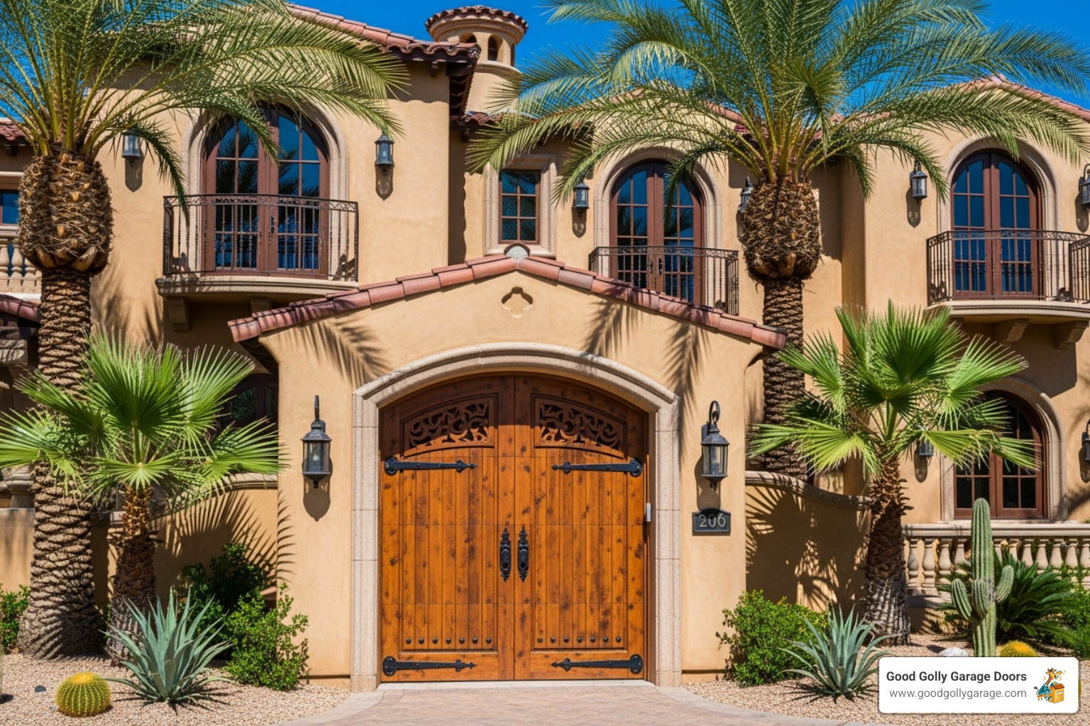 Custom wood garage door complementing a Mediterranean-style luxury villa in Las Vegas - garage door repair for luxury homes in las vegas nv