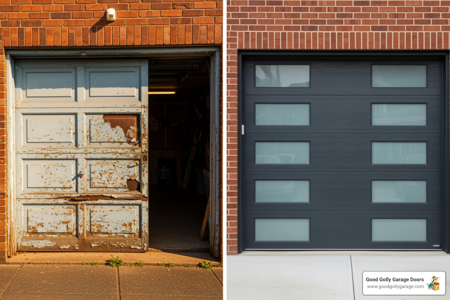 Image showing a before-and-after of a garage door replacement - garage door repair in las vegas nv