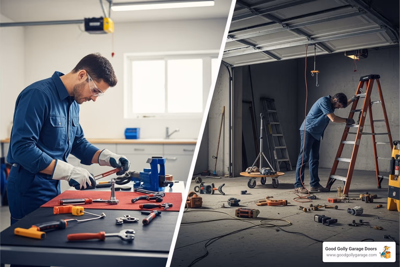 a side-by-side of a professional, clean garage door repair versus a messy, unsafe DIY attempt - certified garage door repair technician in las vegas nv